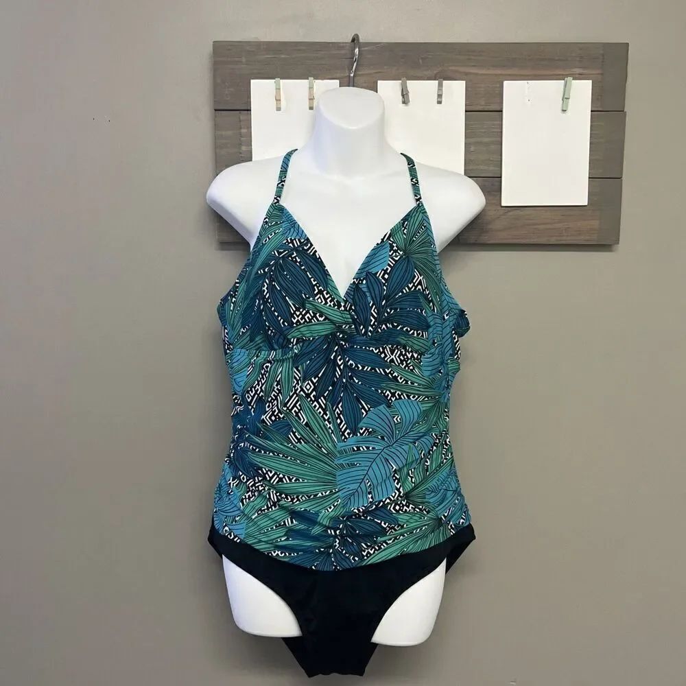 Jantzen One Piece Tropical V-Neck Padded Ruched Swimsuit Size 16